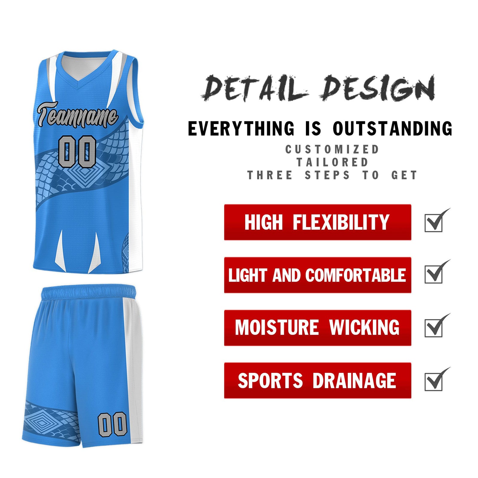 Custom Light Blue White Snake Scale Venomous Fang Lightweight Graffiti Pattern Basketball Suit Jersey