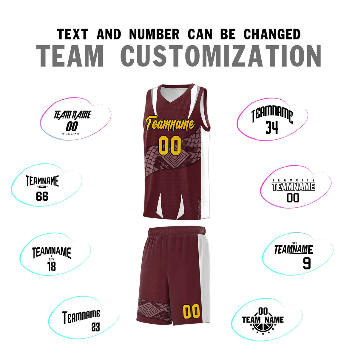 Custom Burgundy White Snake Scale Venomous Fang Drapable Graffiti Pattern Basketball Suit Jersey