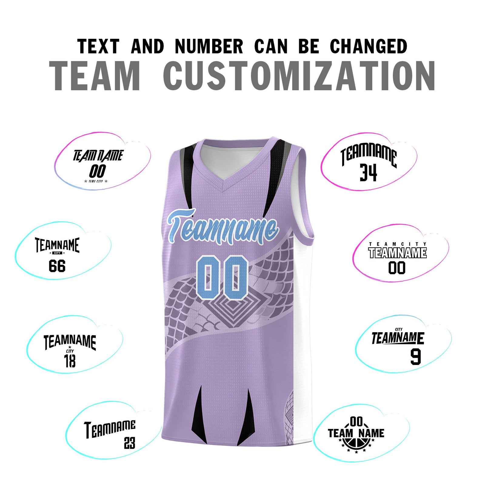 Custom Light Purple White Snake Scale Venomous Fang for Team Graffiti Pattern Basketball Suit Jersey