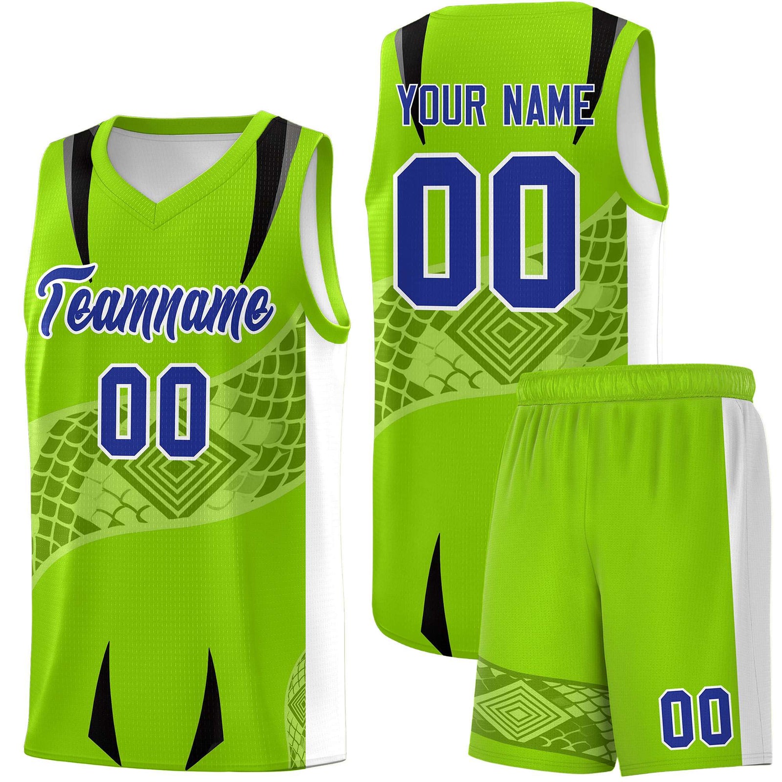 Custom Neon Green White Snake Scale Venomous Fang for Leagues Graffiti Pattern Basketball Suit Jersey