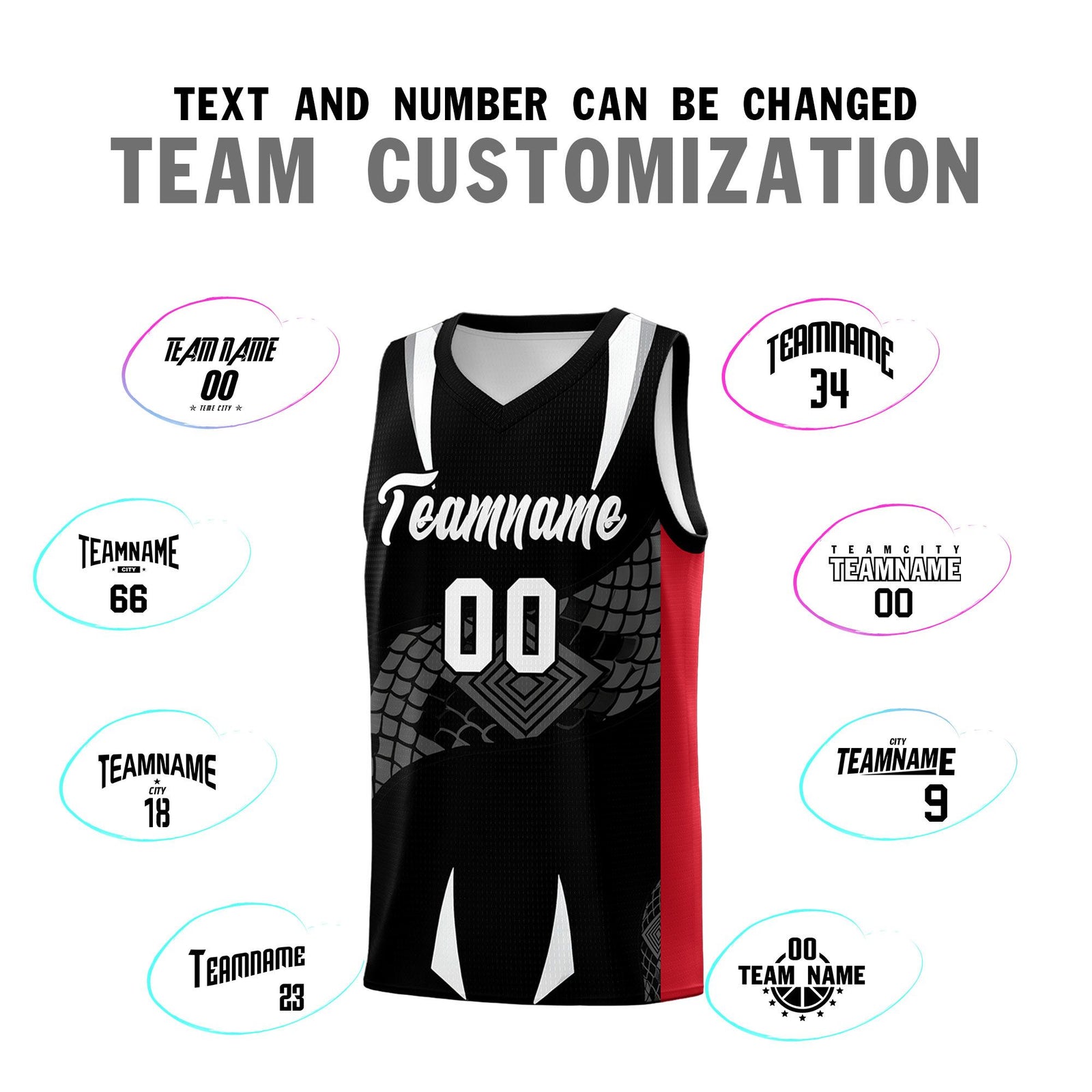Custom Black Red  Snake Scale Venomous Fang Breathable Graffiti Pattern Basketball Suit Jersey