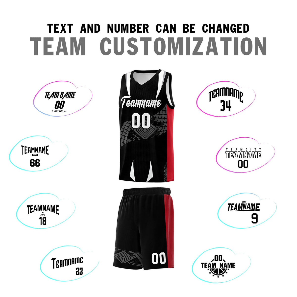 Custom Black Red  Snake Scale Venomous Fang Breathable Graffiti Pattern Basketball Suit Jersey