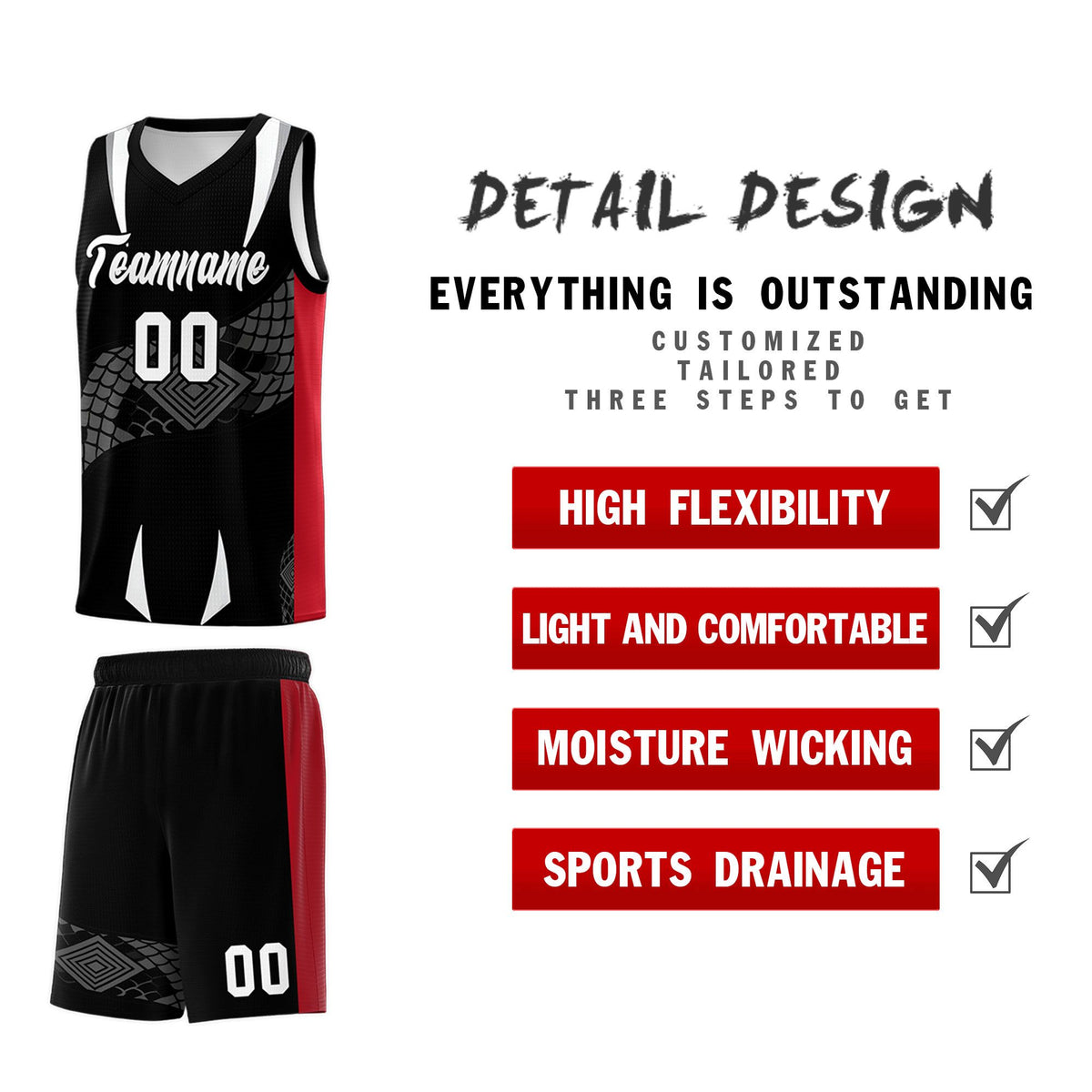 Custom Black Red  Snake Scale Venomous Fang Breathable Graffiti Pattern Basketball Suit Jersey