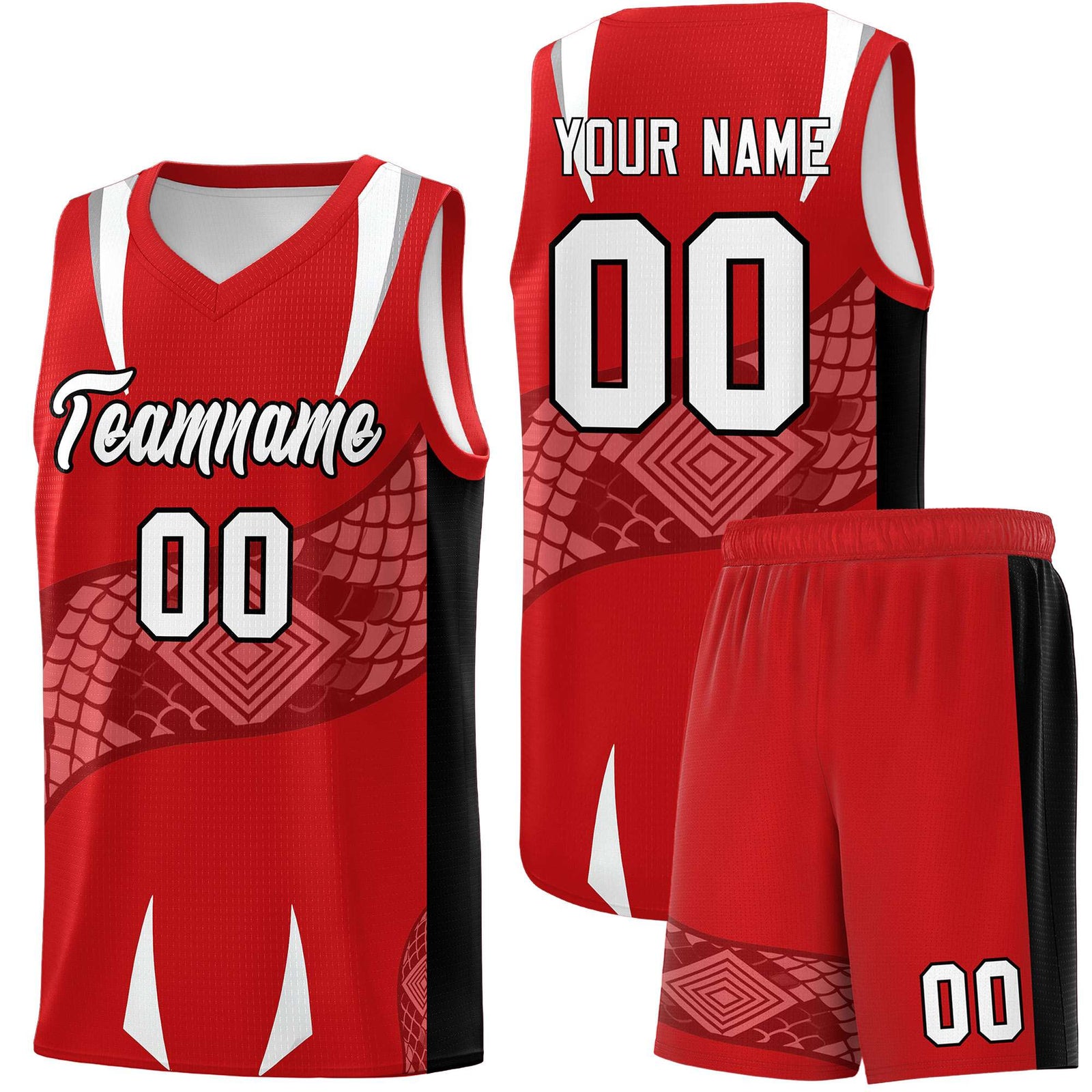 Custom Red Black Snake Scale Venomous Fang Drapable Graffiti Pattern Basketball Suit Jersey