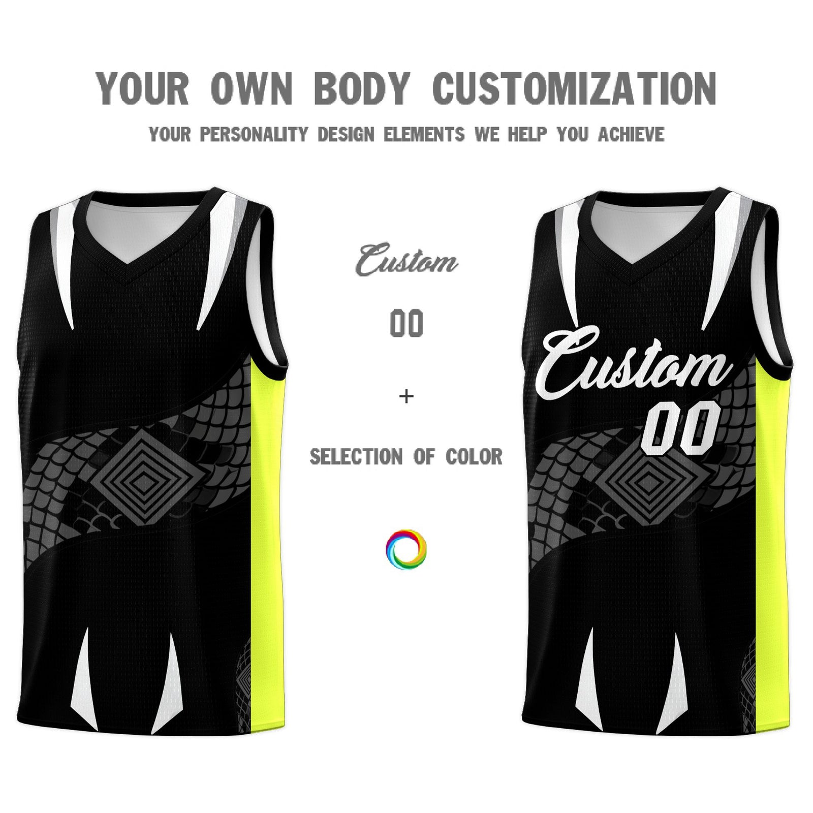 Custom Black Neon Green Snake Scale Venomous Fang Breathable Graffiti Pattern Basketball Suit Jersey