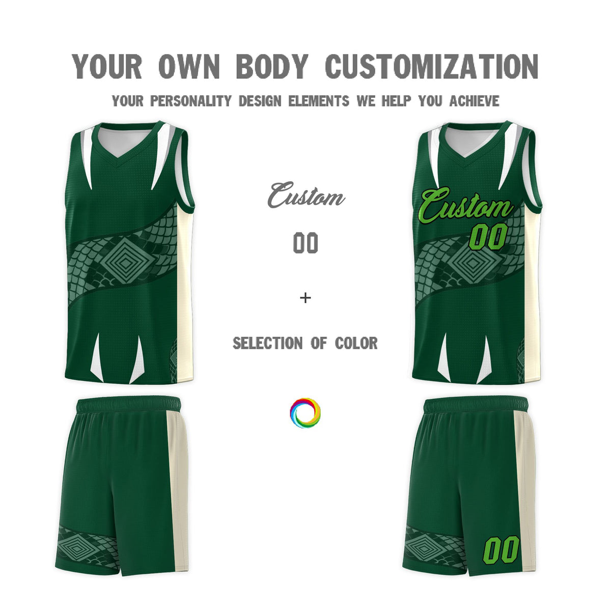 Custom Green Cream Snake Scale Venomous Fang Lightweight Graffiti Pattern Basketball Suit Jersey