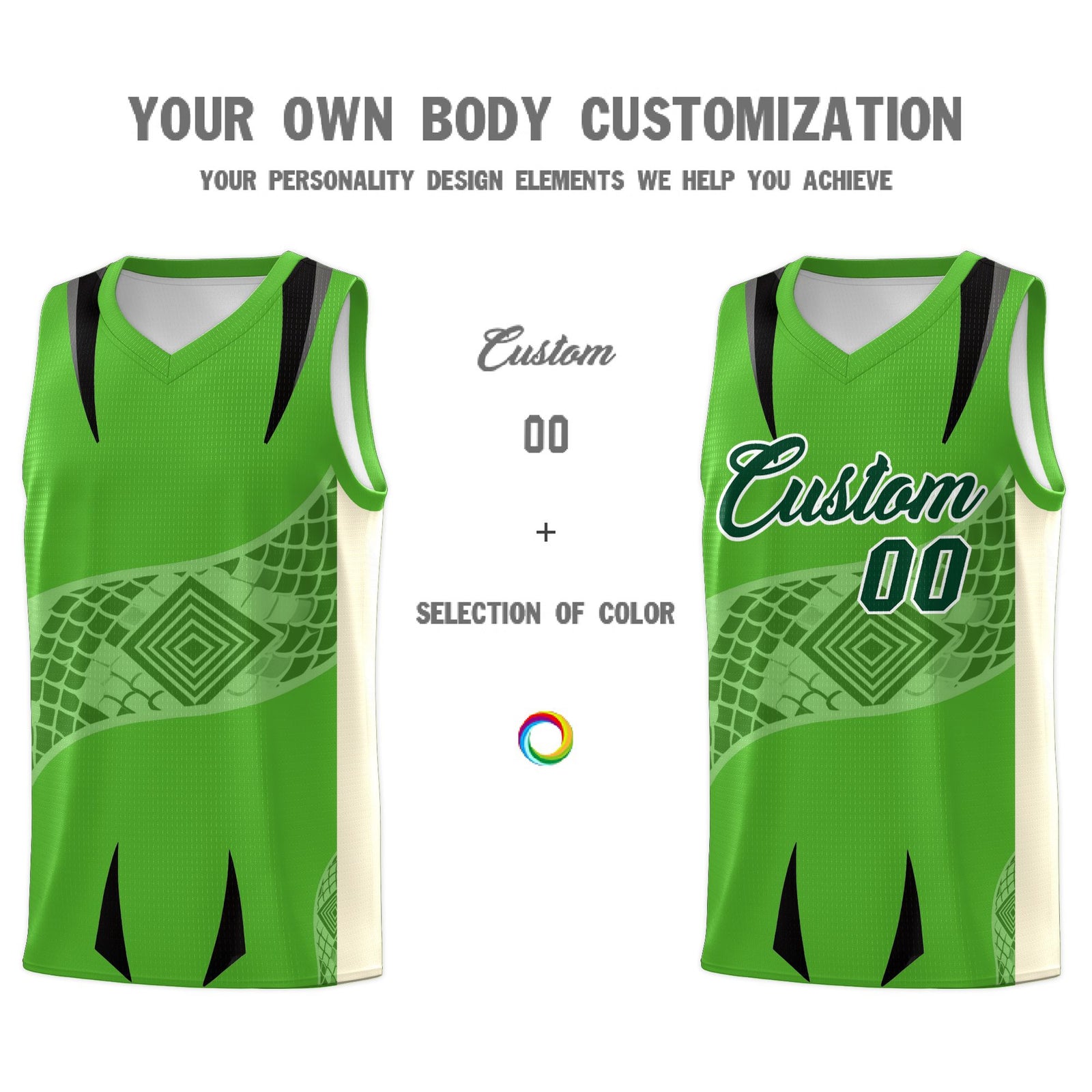 Custom Light Green Cream Snake Scale Venomous Fang for Team Graffiti Pattern Basketball Suit Jersey