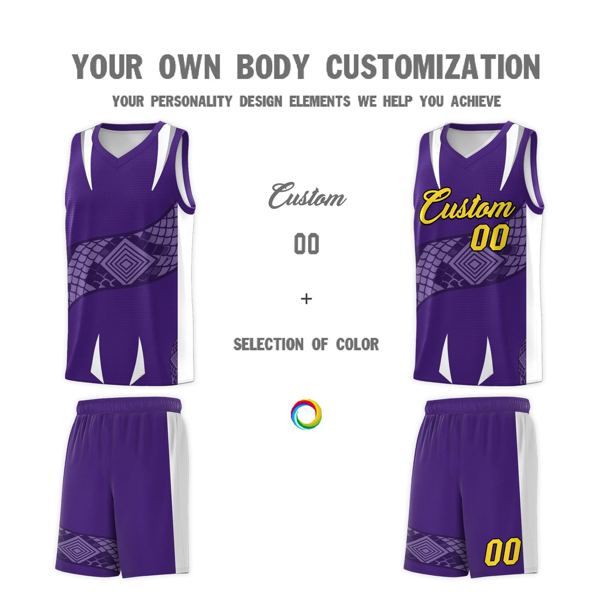 Custom Purple White Snake Scale Venomous Fang Drapable Graffiti Pattern Basketball Suit Jersey