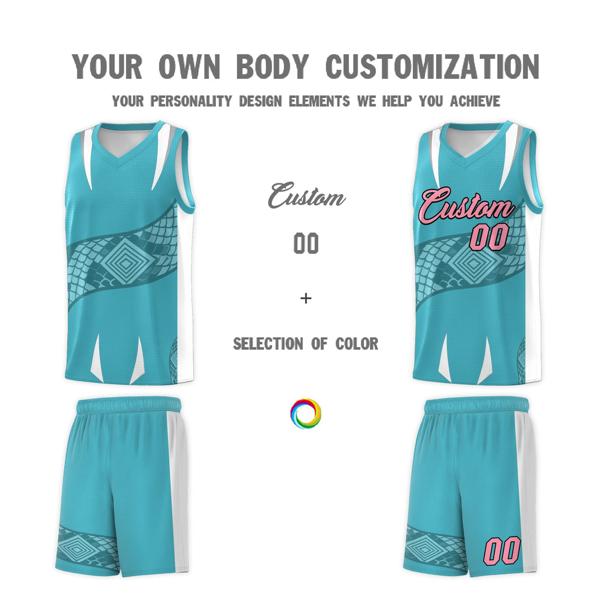 Custom Sky Blue White Snake Scale Venomous Fang Drapable Graffiti Pattern Basketball Suit Jersey