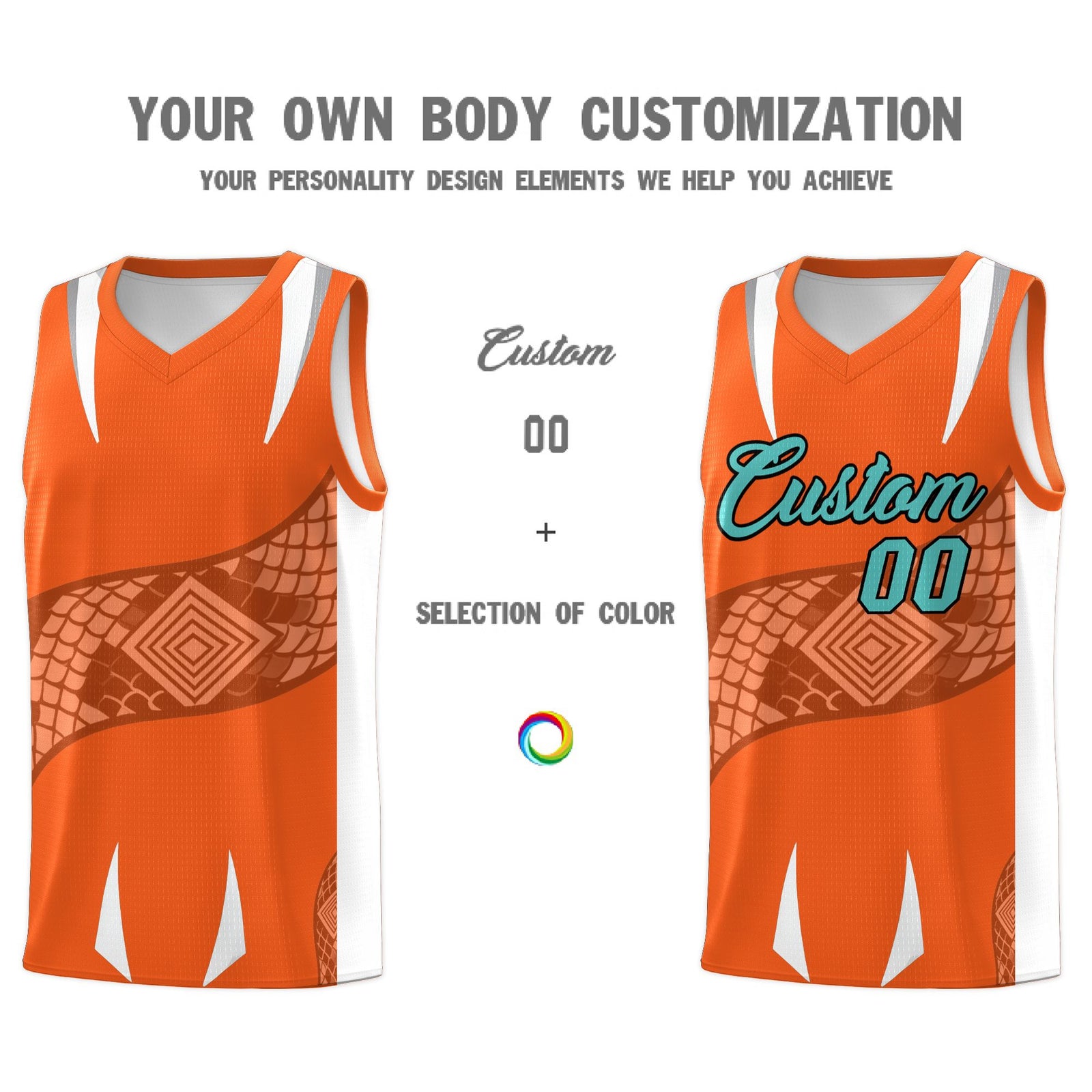 Custom Orange White Snake Scale Venomous Fang Lightweight Graffiti Pattern Basketball Suit Jersey