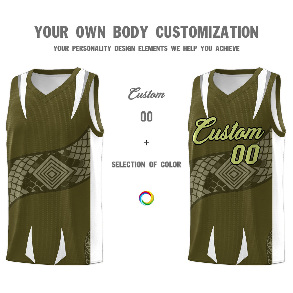 Custom Olive White Snake Scale Venomous Fang Breathable Graffiti Pattern Basketball Suit Jersey