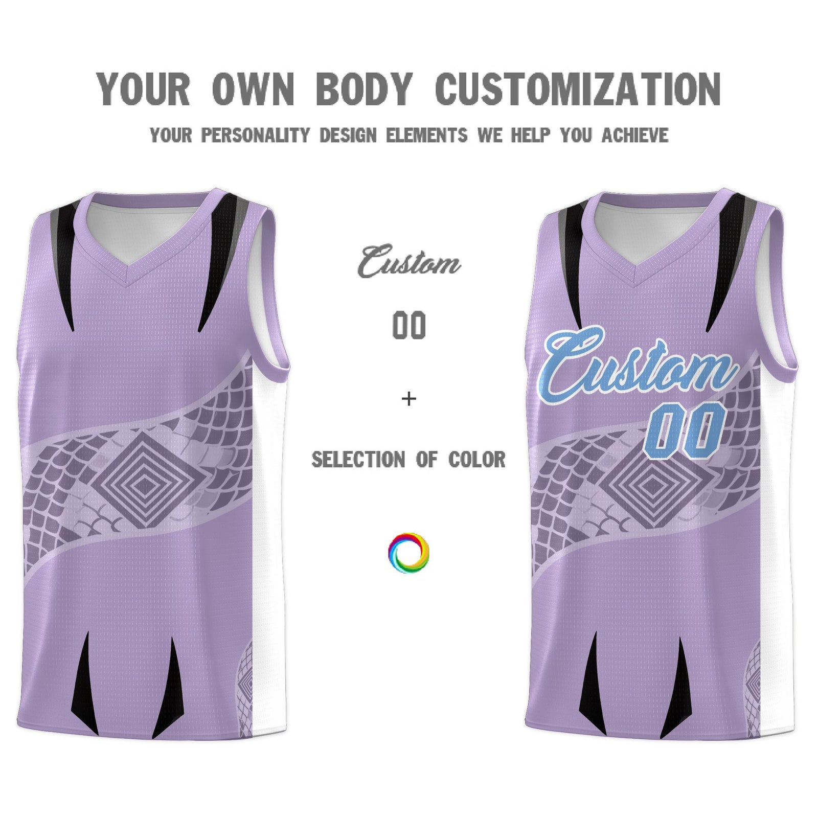Custom Light Purple White Snake Scale Venomous Fang for Team Graffiti Pattern Basketball Suit Jersey