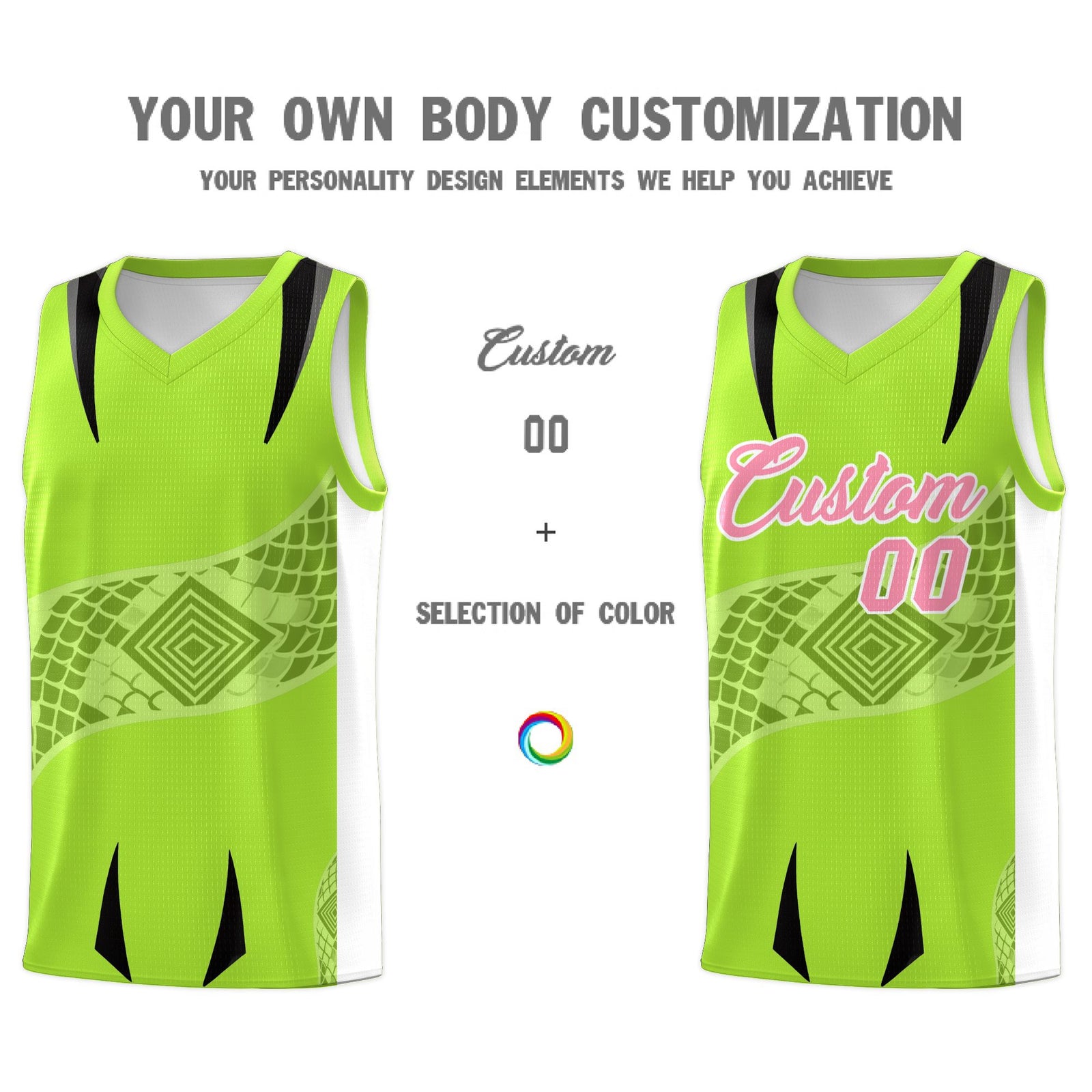 Custom Neon Green White Snake Scale Venomous Fang for Leagues Graffiti Pattern Basketball Suit Jersey