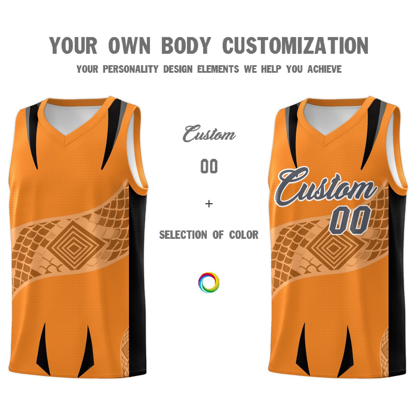 Custom Orange Black Snake Scale Venomous Fang for Clubs Graffiti Pattern Basketball Suit Jersey