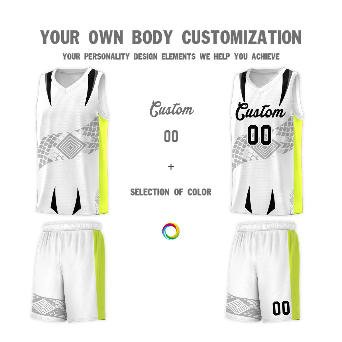 Custom White Neon Green Snake Scale Venomous Fang for Clubs Graffiti Pattern Basketball Suit Jersey