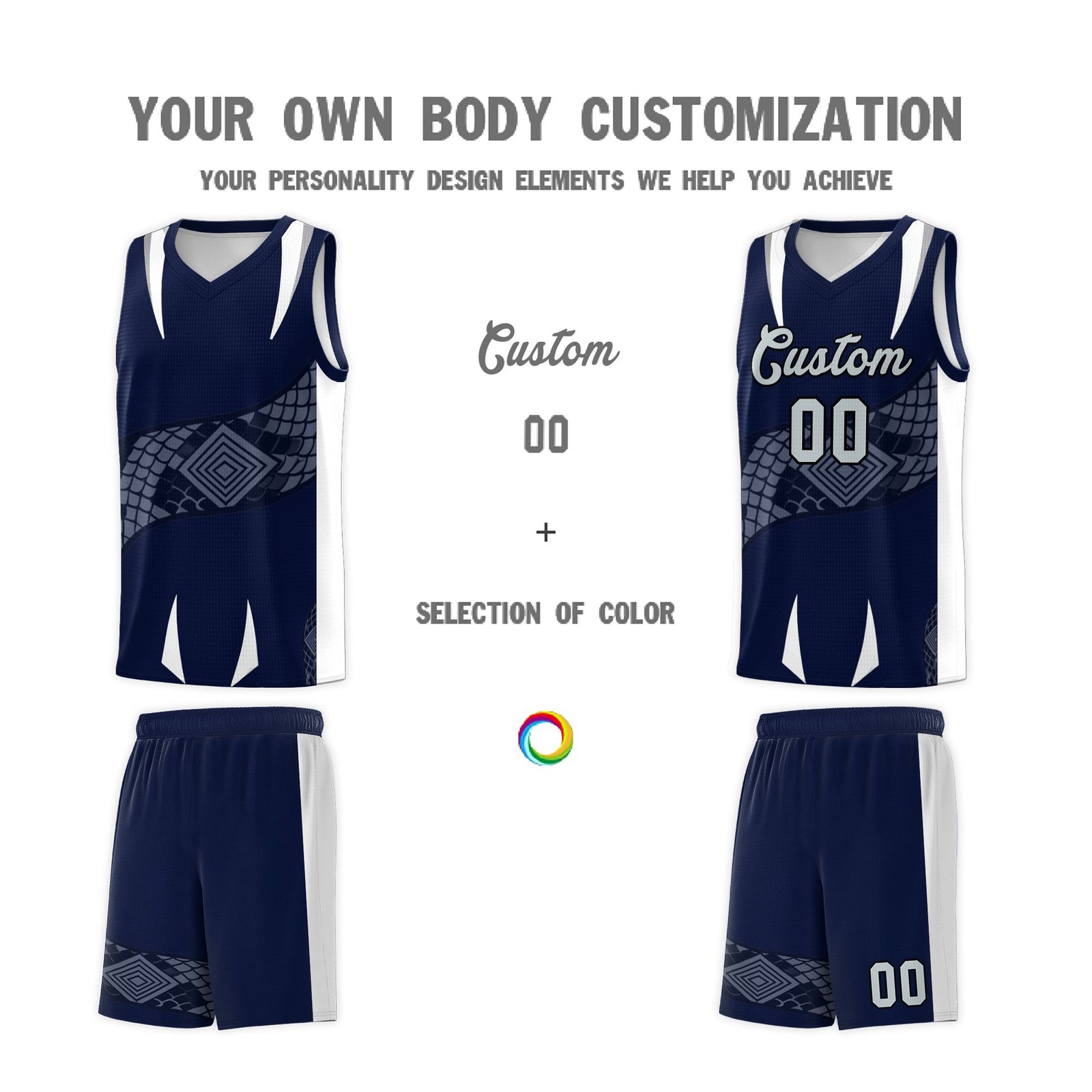 Custom Navy White Snake Scale Venomous Fang Lightweight Graffiti Pattern Basketball Suit Jersey