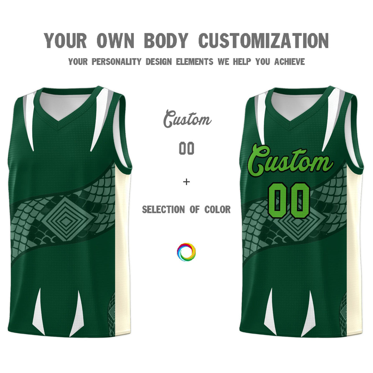 Custom Green Cream Snake Scale Venomous Fang Lightweight Graffiti Pattern Basketball Suit Jersey