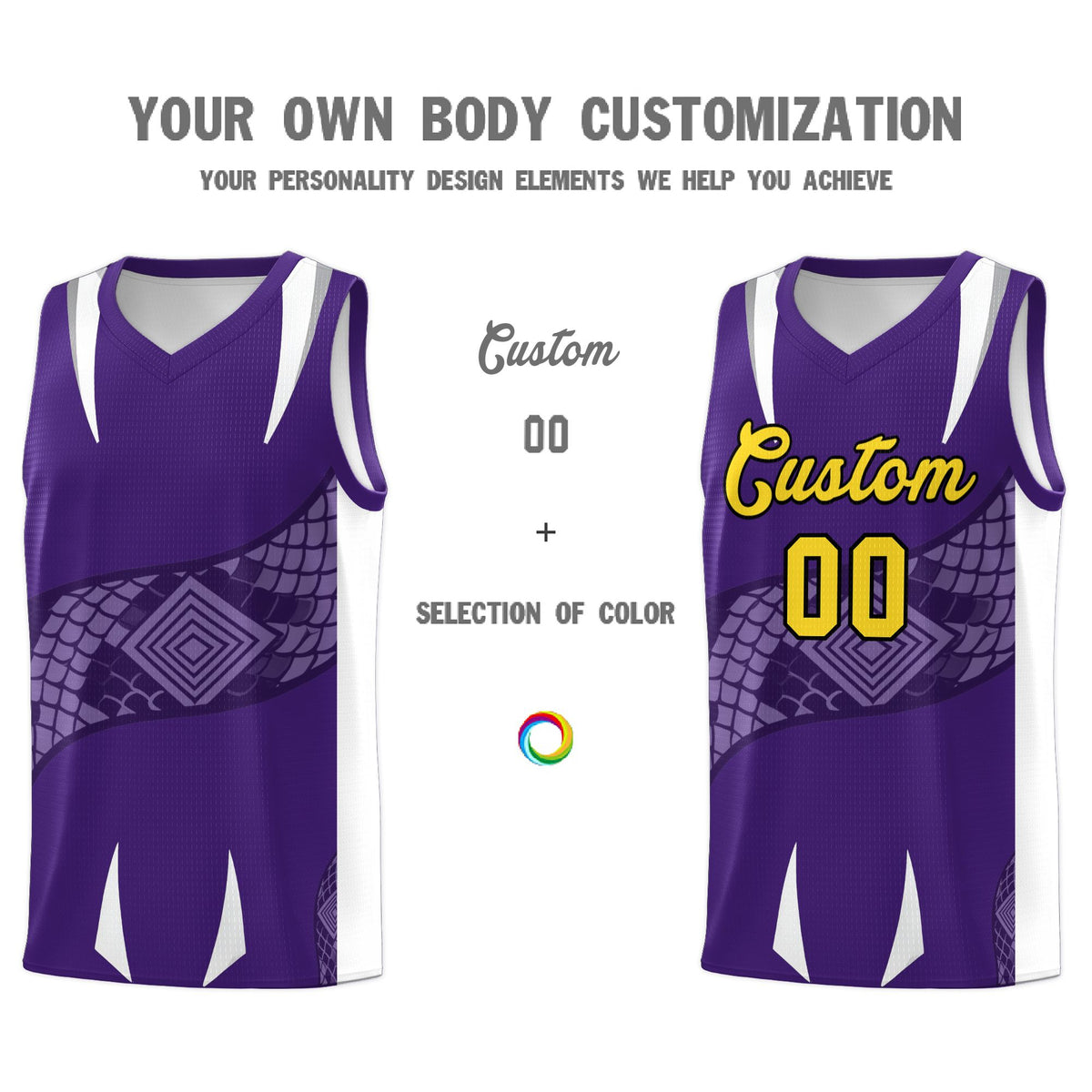 Custom Purple White Snake Scale Venomous Fang Drapable Graffiti Pattern Basketball Suit Jersey