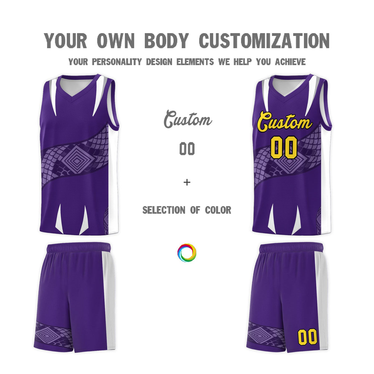Custom Purple White Snake Scale Venomous Fang Drapable Graffiti Pattern Basketball Suit Jersey
