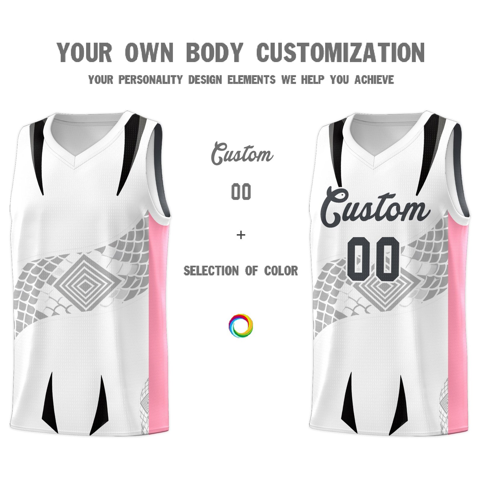 Custom White Light Pink Snake Scale Venomous Fang for Leagues Graffiti Pattern Basketball Suit Jersey
