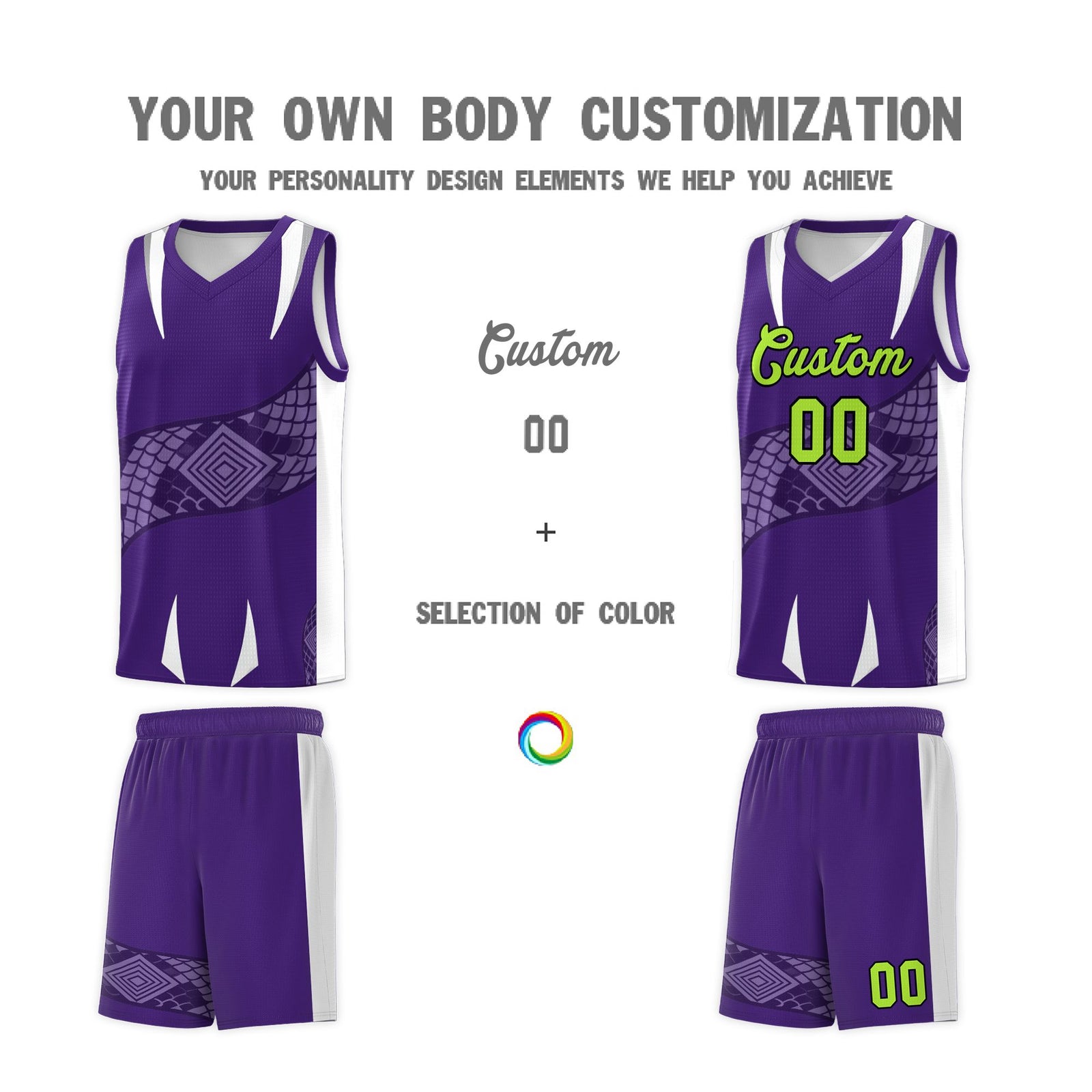 Custom Purple White Snake Scale Venomous Fang Breathable Graffiti Pattern Basketball Suit Jersey