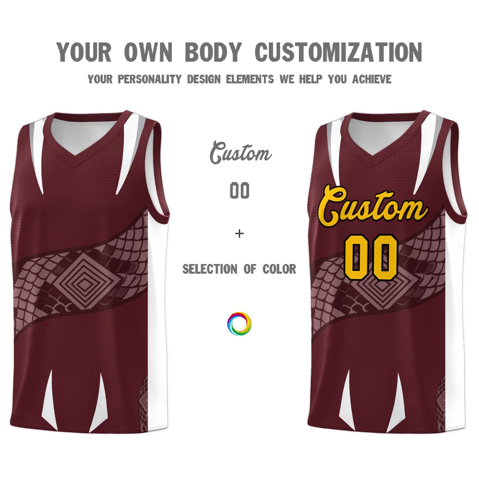 Custom Burgundy White Snake Scale Venomous Fang Drapable Graffiti Pattern Basketball Suit Jersey