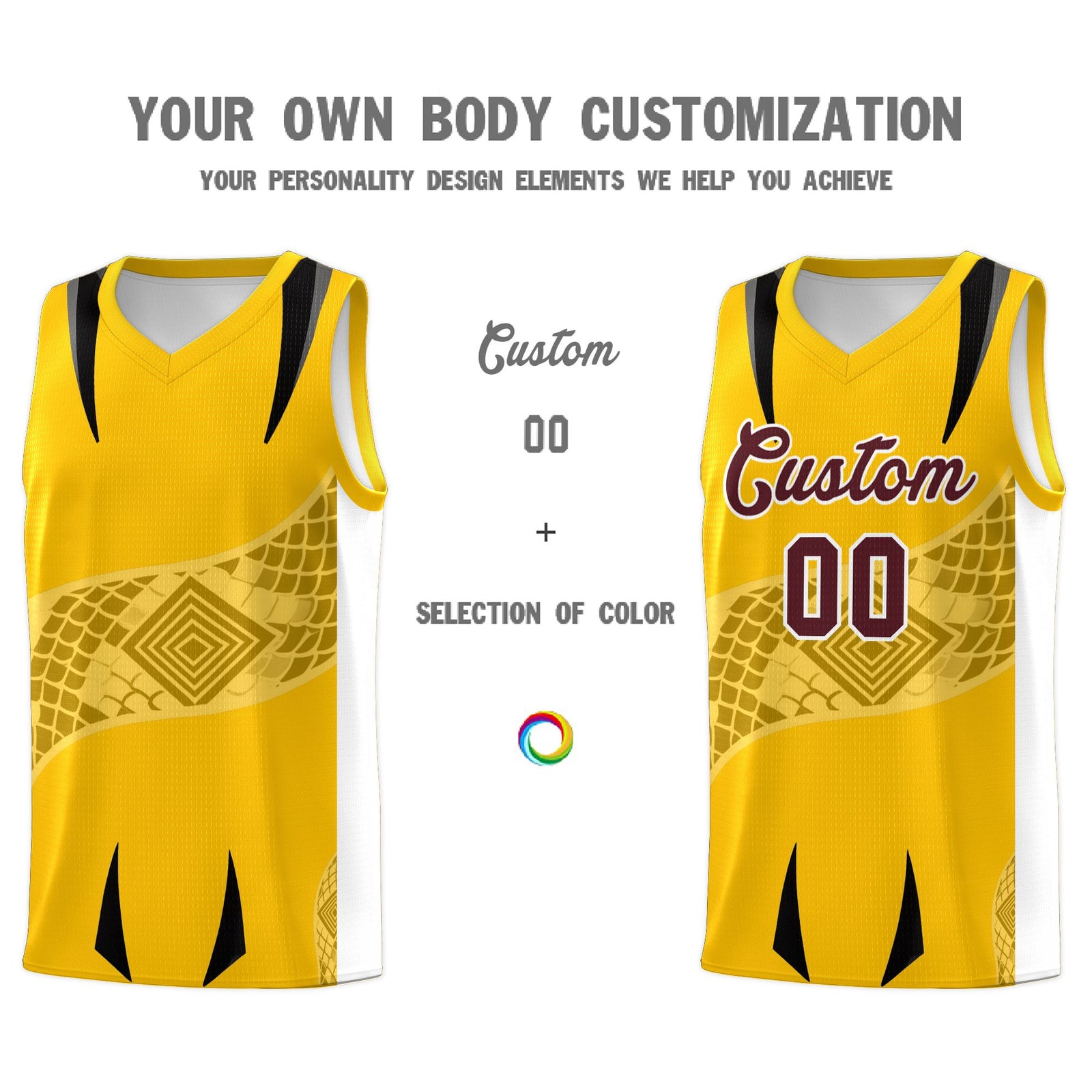 Custom Yellow White Snake Scale Venomous Fang for Leagues Graffiti Pattern Basketball Suit Jersey