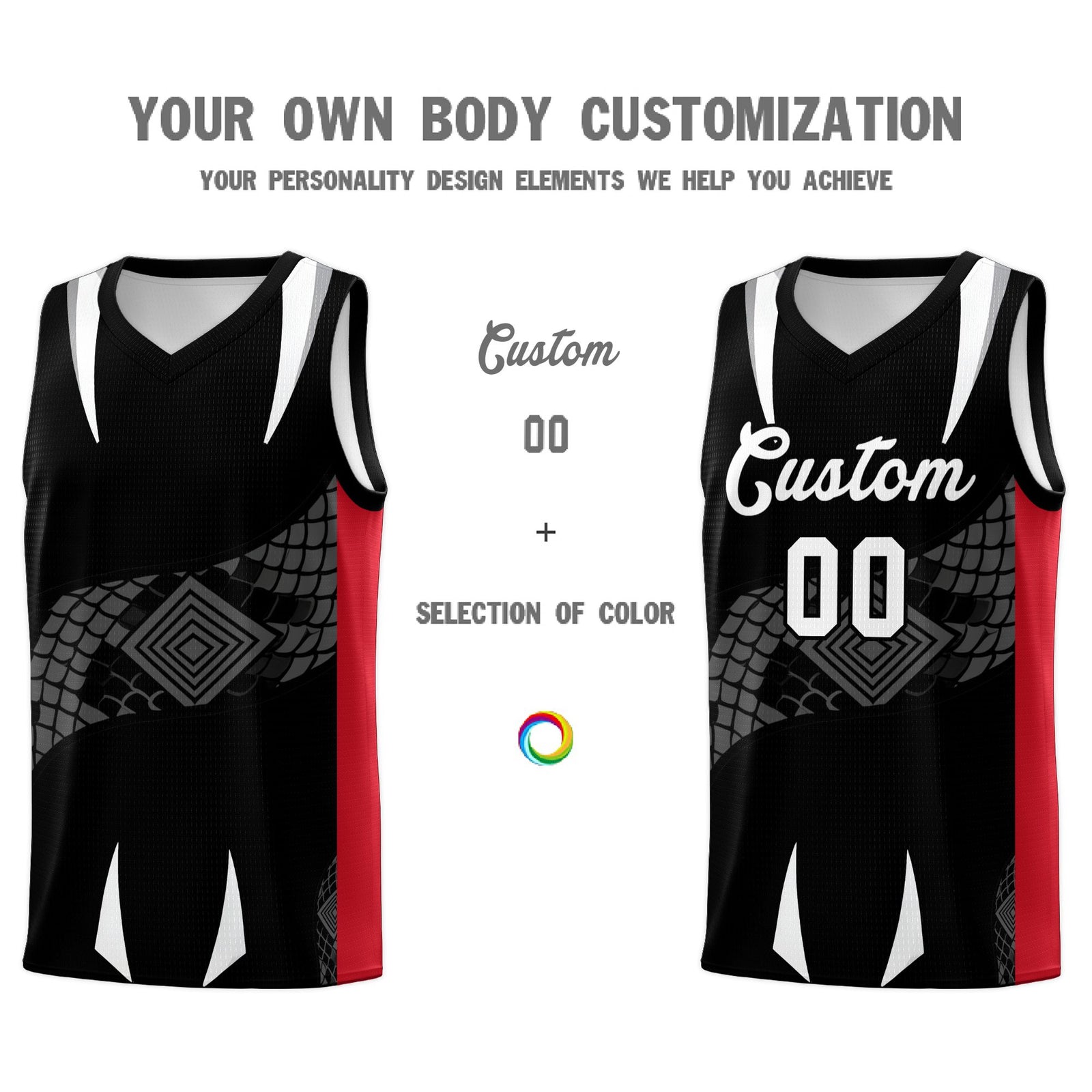 Custom Black Red  Snake Scale Venomous Fang Breathable Graffiti Pattern Basketball Suit Jersey