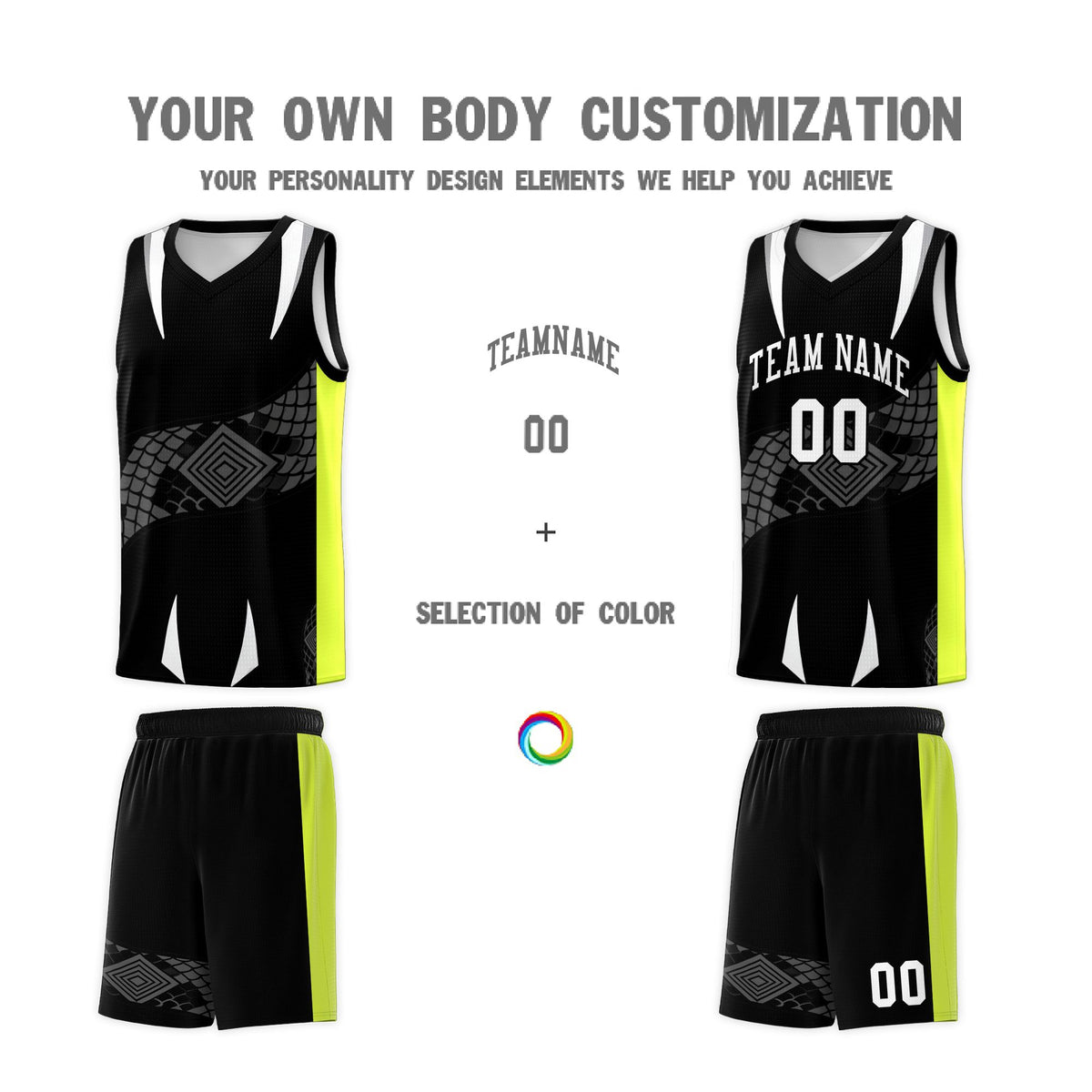 Custom Black Neon Green Snake Scale Venomous Fang Breathable Graffiti Pattern Basketball Suit Jersey