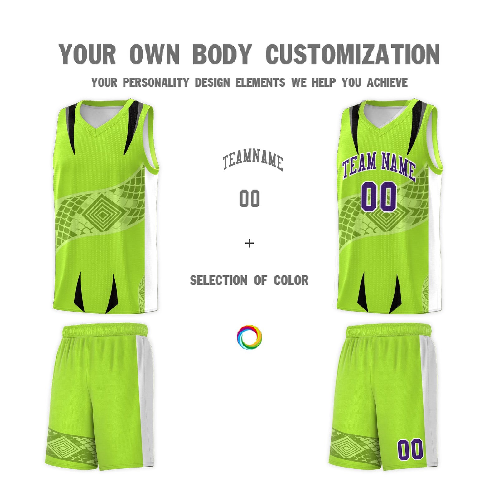 Custom Neon Green White Snake Scale Venomous Fang for Clubs Graffiti Pattern Basketball Suit Jersey