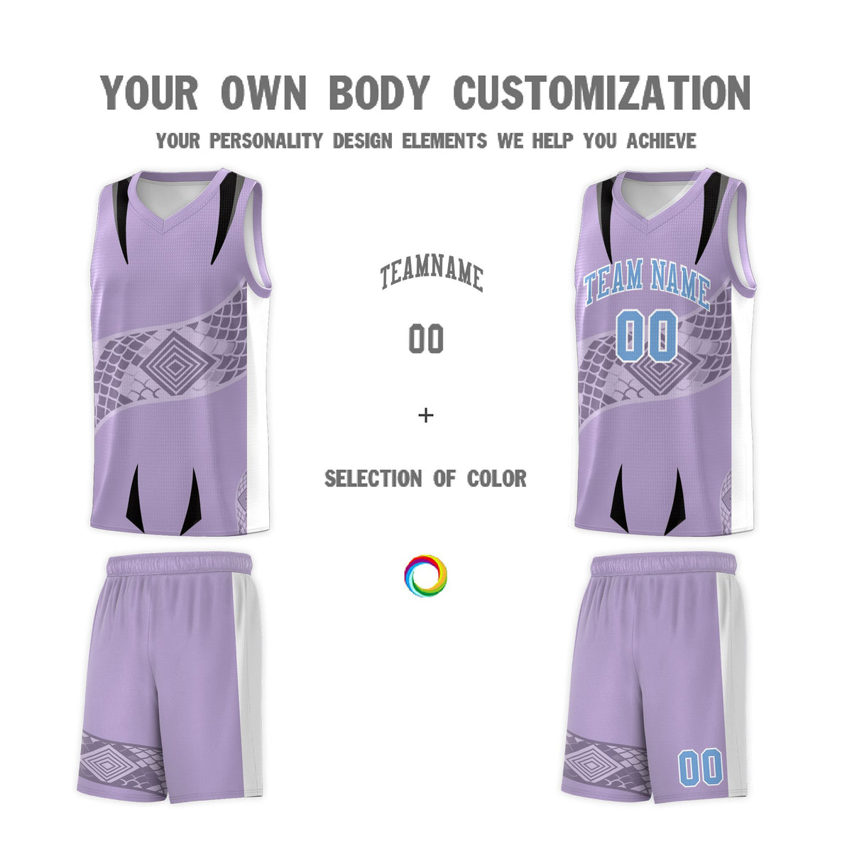 Custom Light Purple White Snake Scale Venomous Fang for Team Graffiti Pattern Basketball Suit Jersey