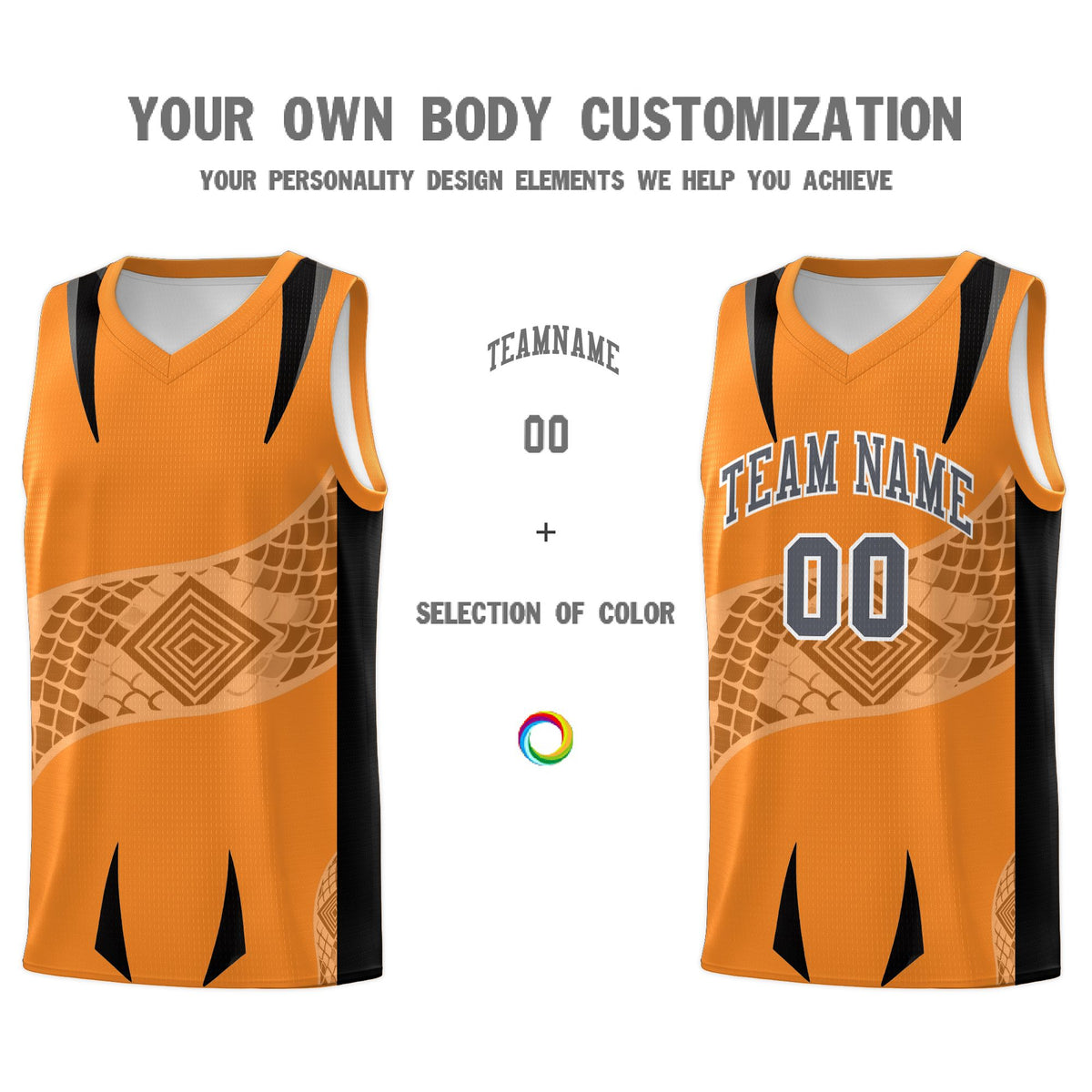 Custom Orange Black Snake Scale Venomous Fang for Clubs Graffiti Pattern Basketball Suit Jersey
