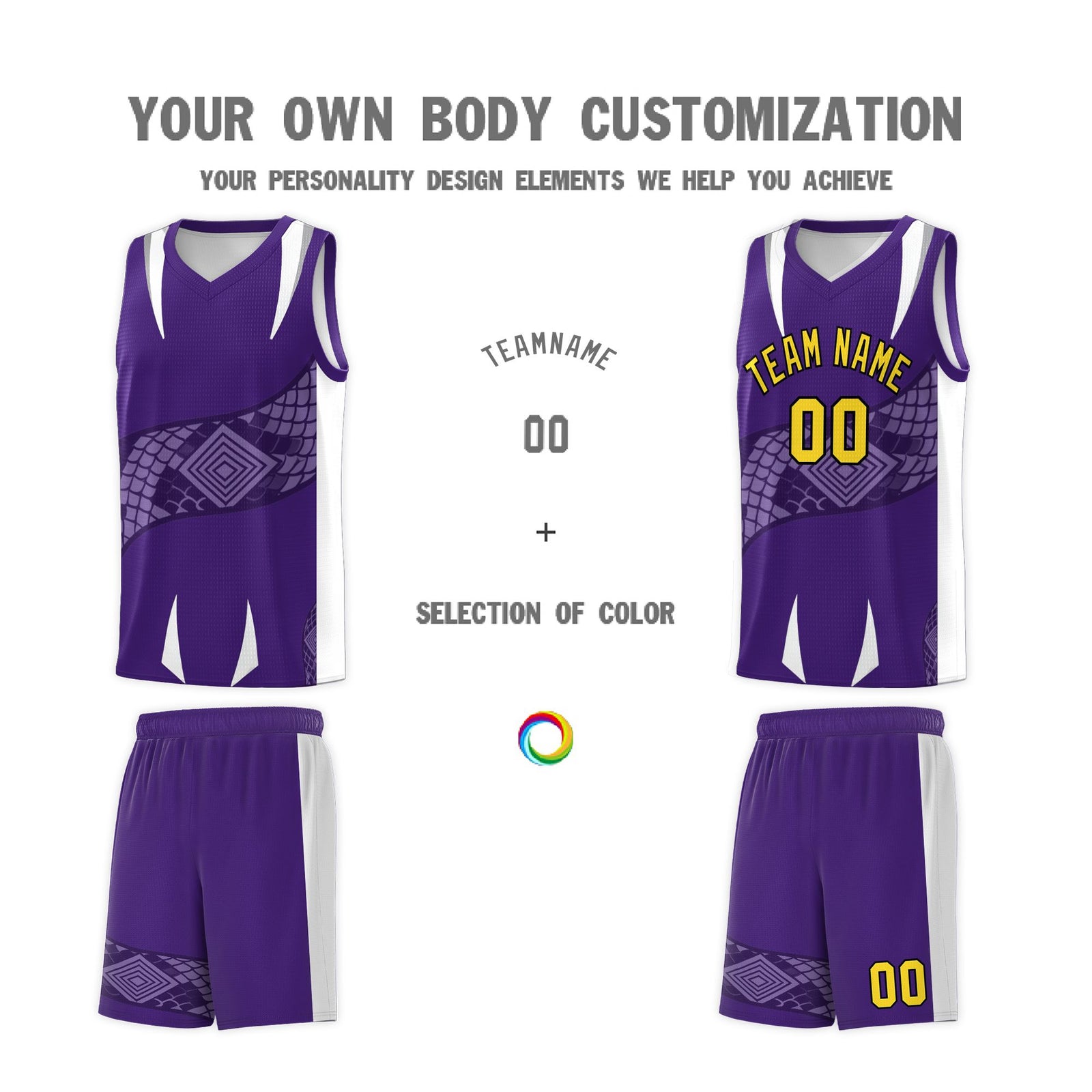 Custom Purple White Snake Scale Venomous Fang Drapable Graffiti Pattern Basketball Suit Jersey