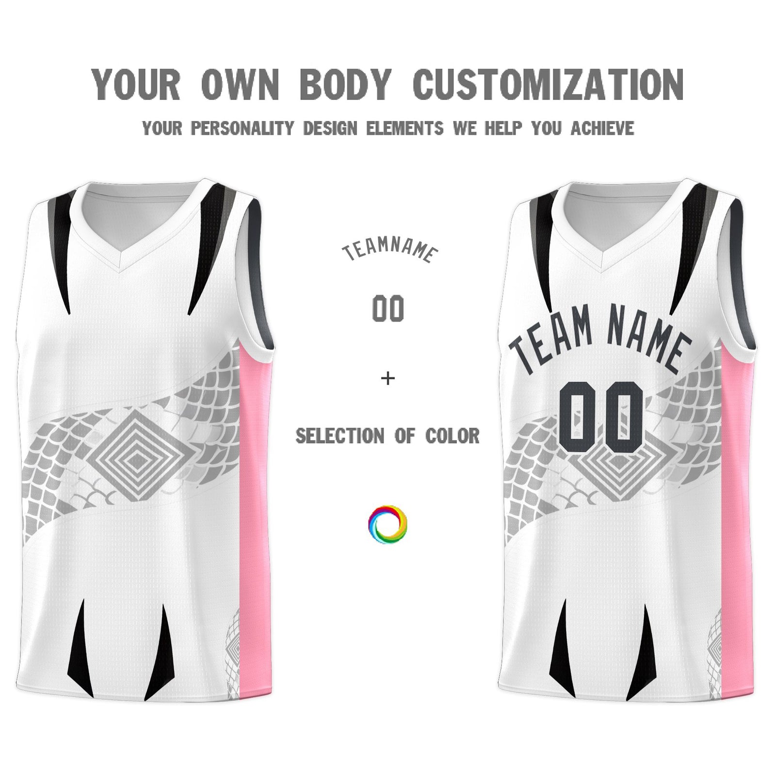 Custom White Light Pink Snake Scale Venomous Fang for Leagues Graffiti Pattern Basketball Suit Jersey