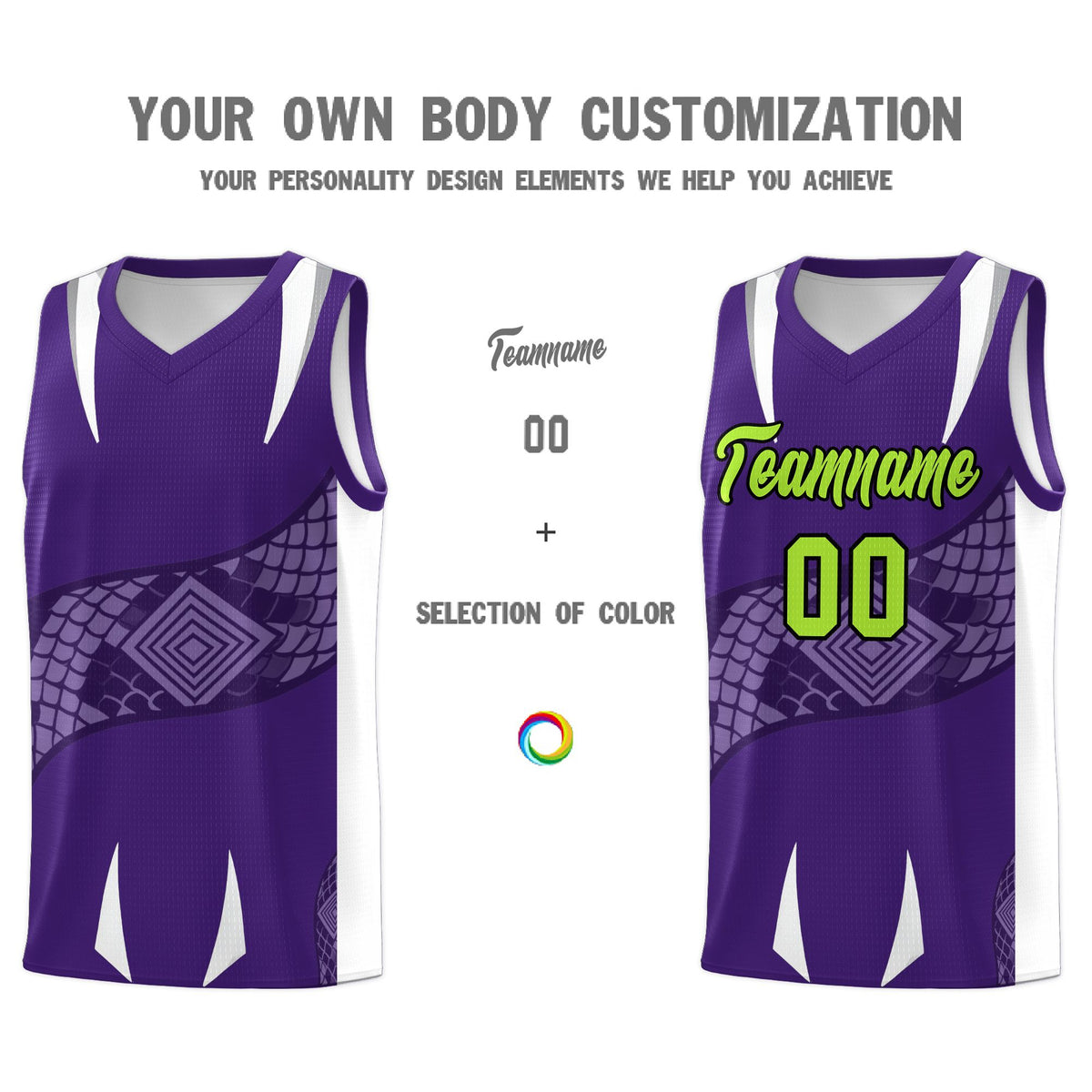 Custom Purple White Snake Scale Venomous Fang Breathable Graffiti Pattern Basketball Suit Jersey