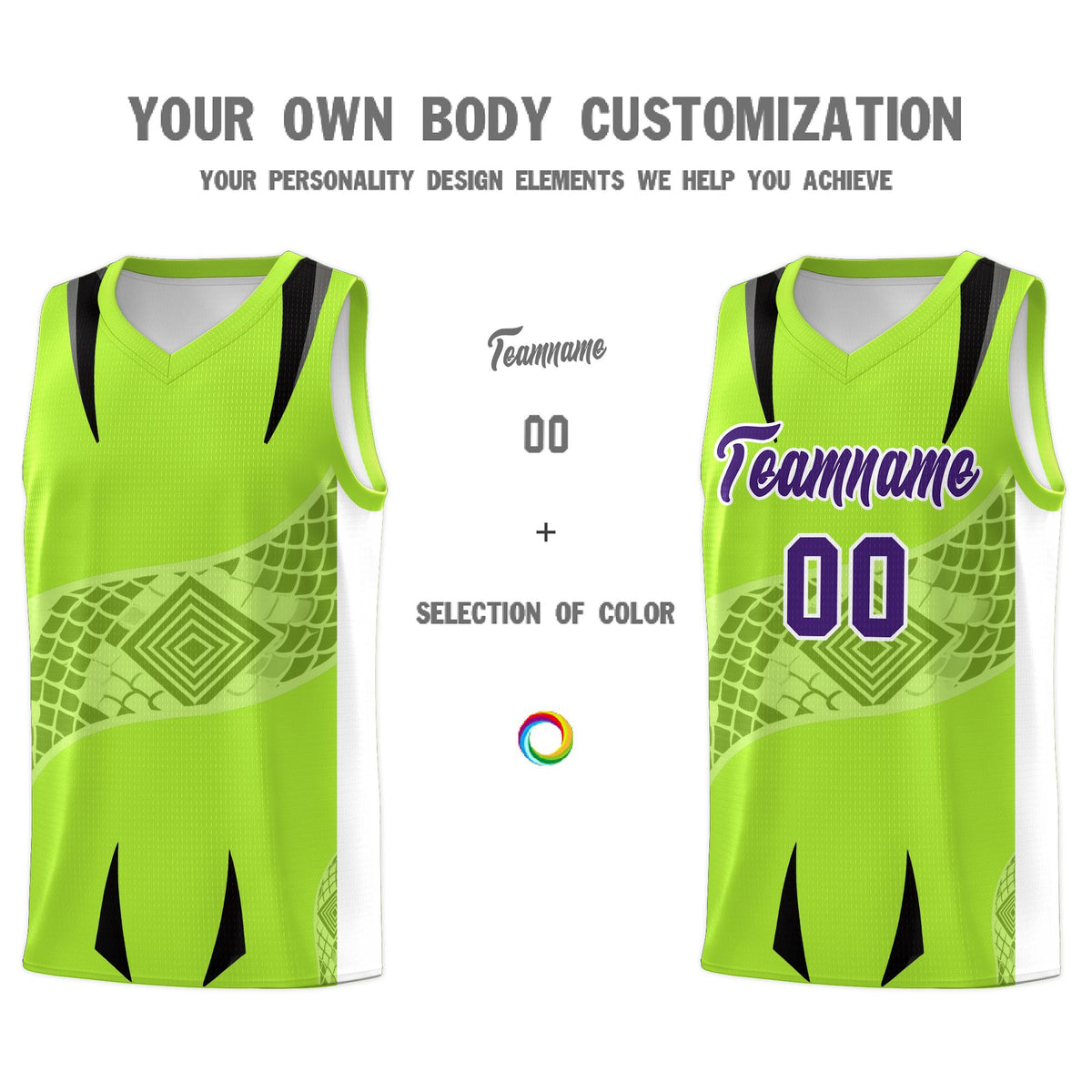 Custom Neon Green White Snake Scale Venomous Fang for Clubs Graffiti Pattern Basketball Suit Jersey