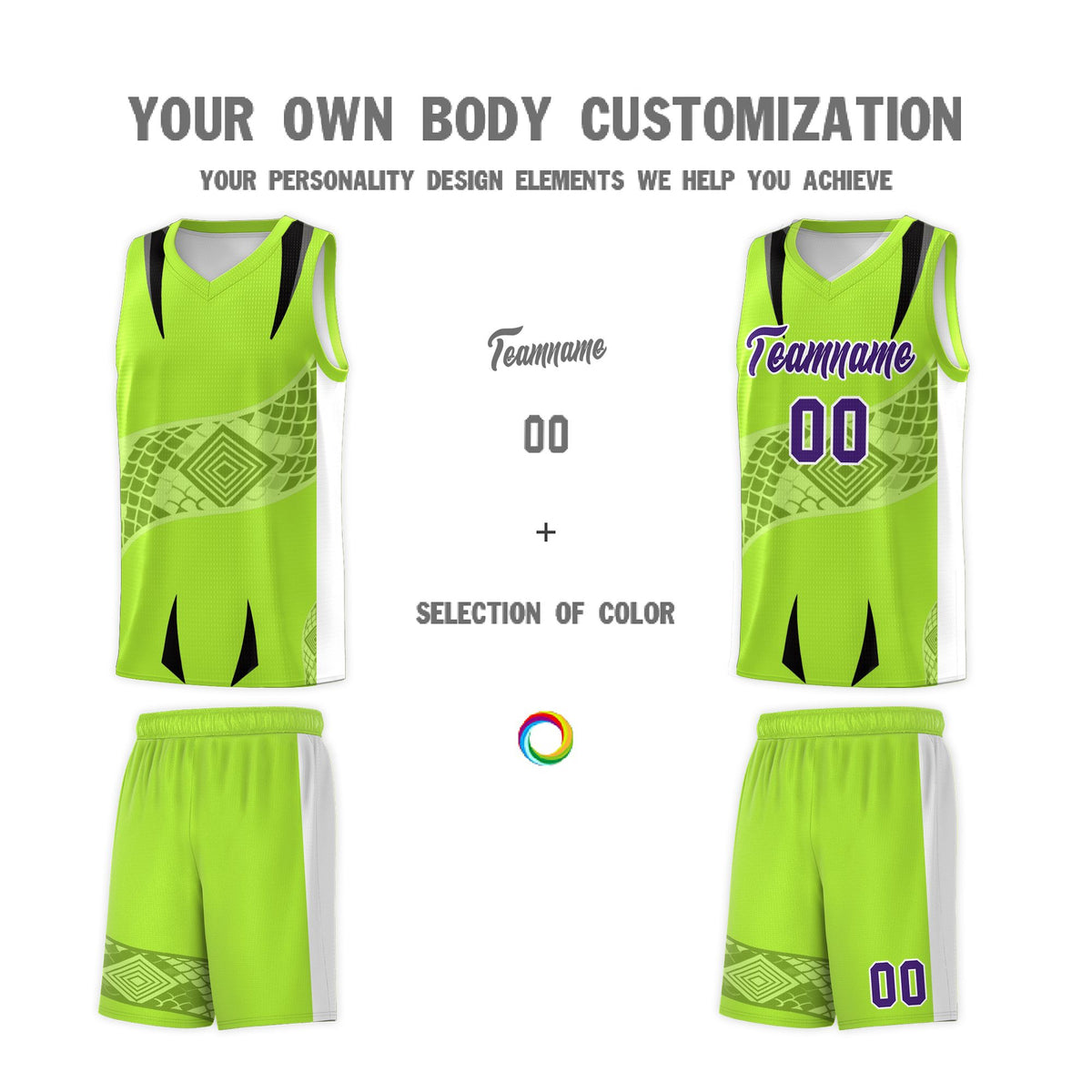Custom Neon Green White Snake Scale Venomous Fang for Clubs Graffiti Pattern Basketball Suit Jersey