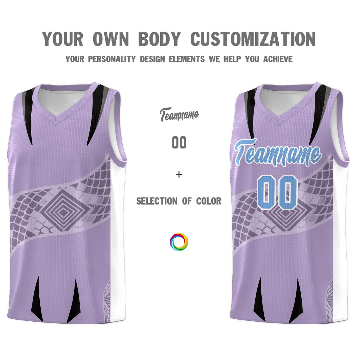 Custom Light Purple White Snake Scale Venomous Fang for Team Graffiti Pattern Basketball Suit Jersey