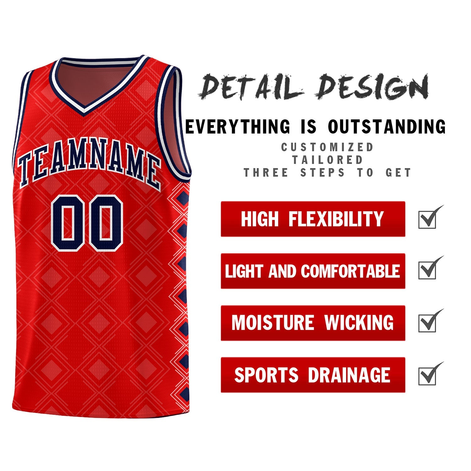 Custom Red Side Blocks Sports Uniform Basketball Jersey