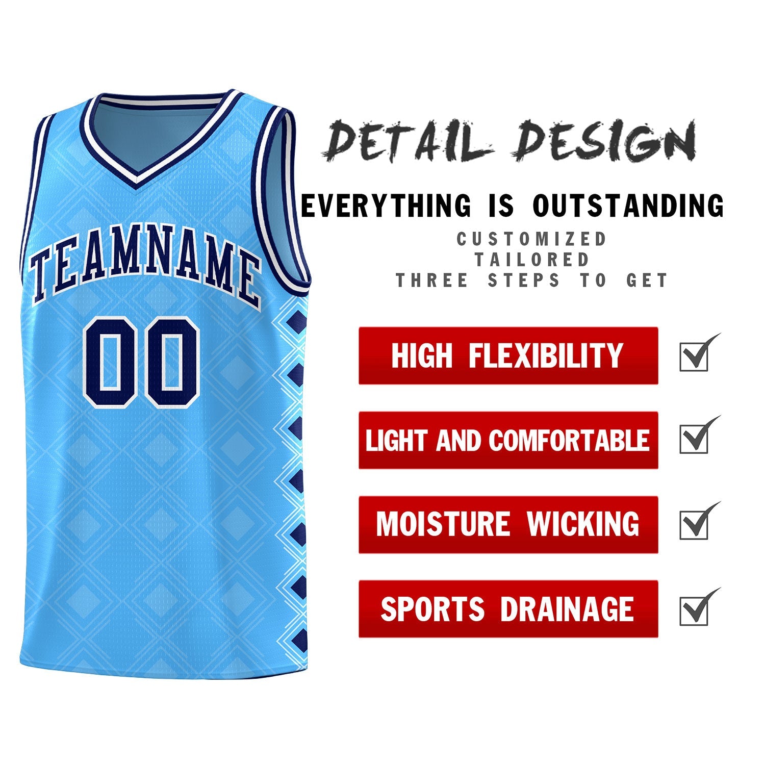 Custom Light Blue Side Blocks Sports Uniform Basketball Jersey