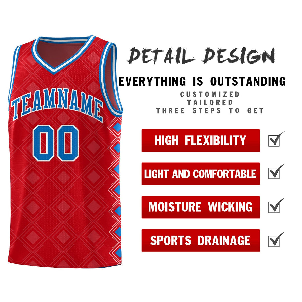 Custom Red Side Blocks Sports Uniform Basketball Jersey