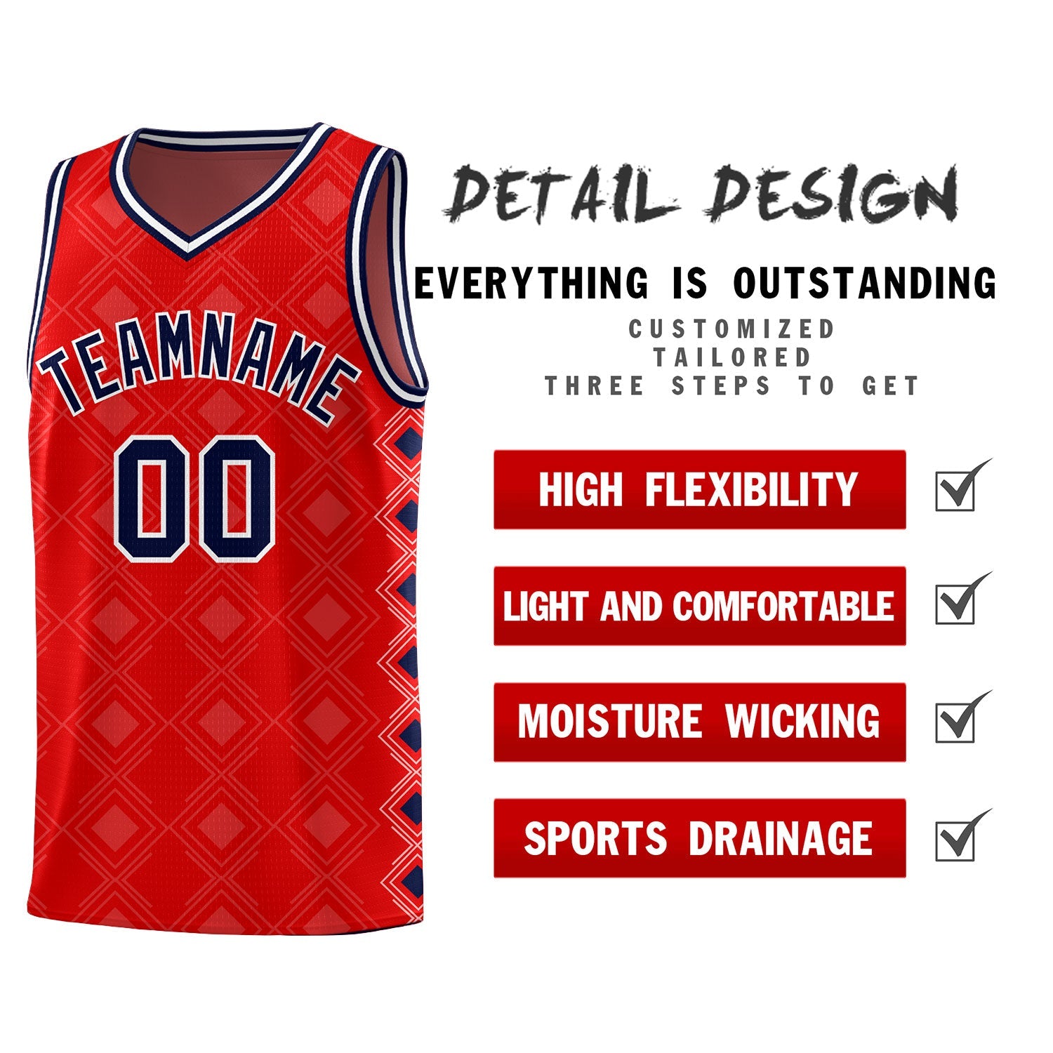 Custom Red Side Blocks Sports Uniform Basketball Jersey
