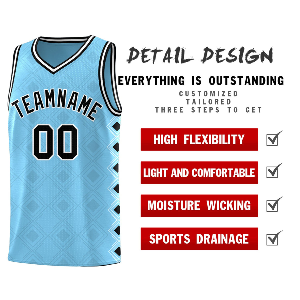 Custom Light Blue Side Blocks Sports Uniform Basketball Jersey