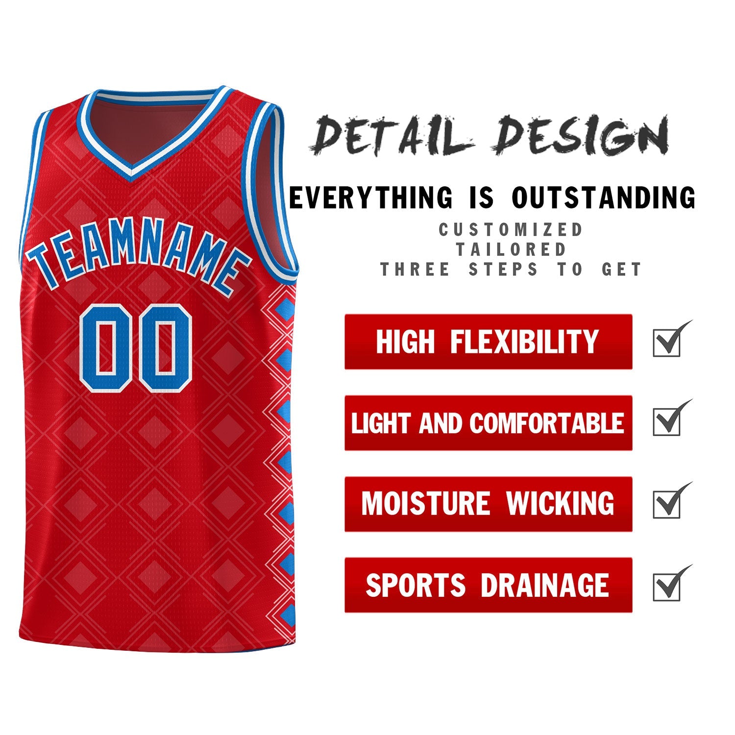 Custom Red Side Blocks Sports Uniform Basketball Jersey