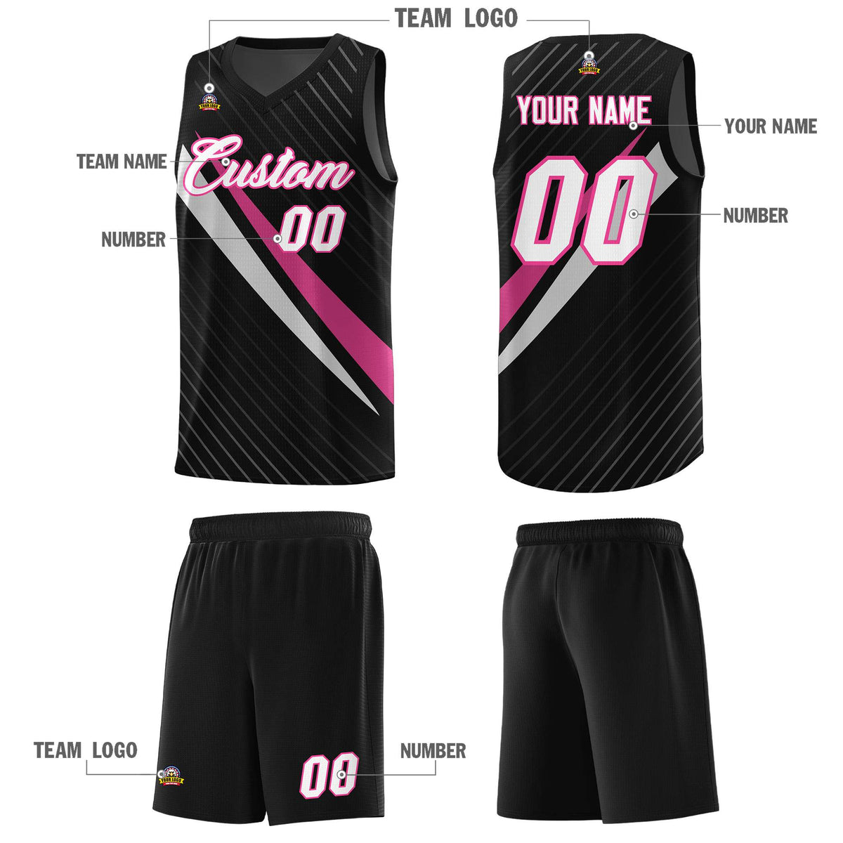 Custom Black Diagonal Pinstripe Pattern Color Block Sports Uniform Basketball Jersey