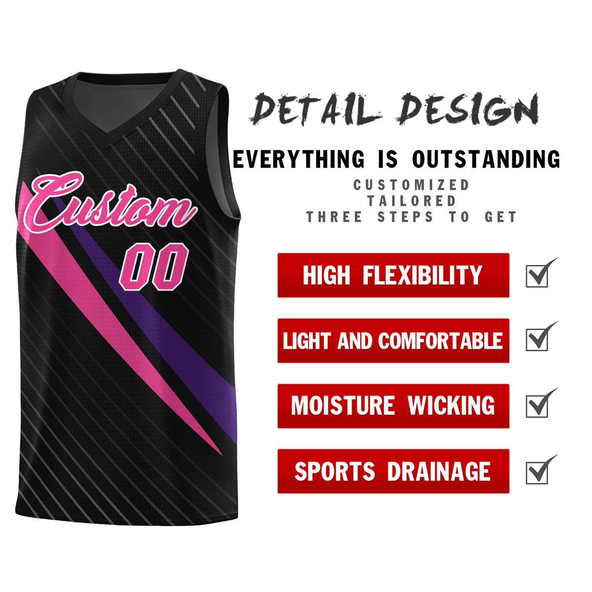 Custom Black Diagonal Pinstripe Pattern Color Block Sports Uniform Basketball Jersey