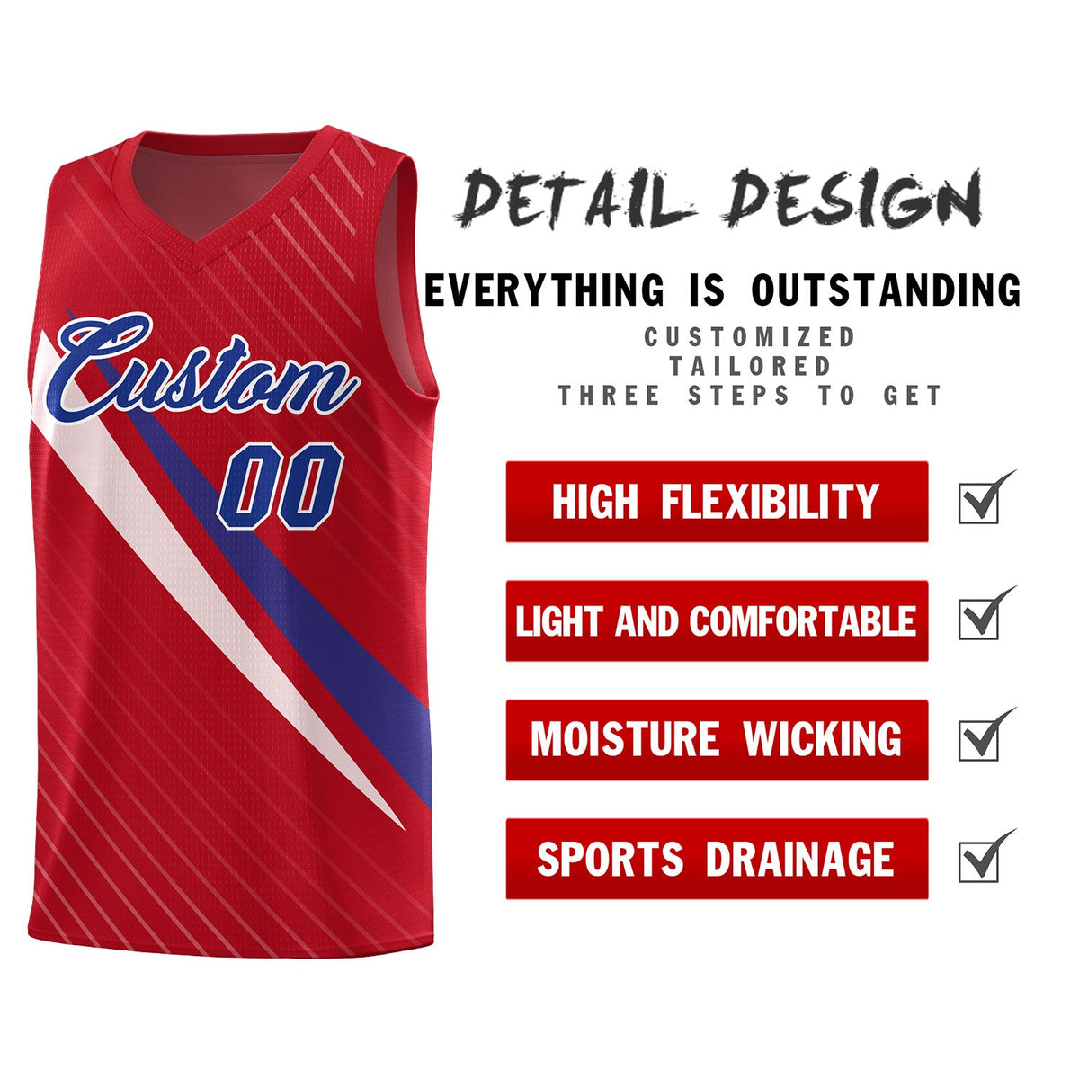 Custom Red Diagonal Pinstripe Pattern Color Block Sports Uniform Basketball Jersey