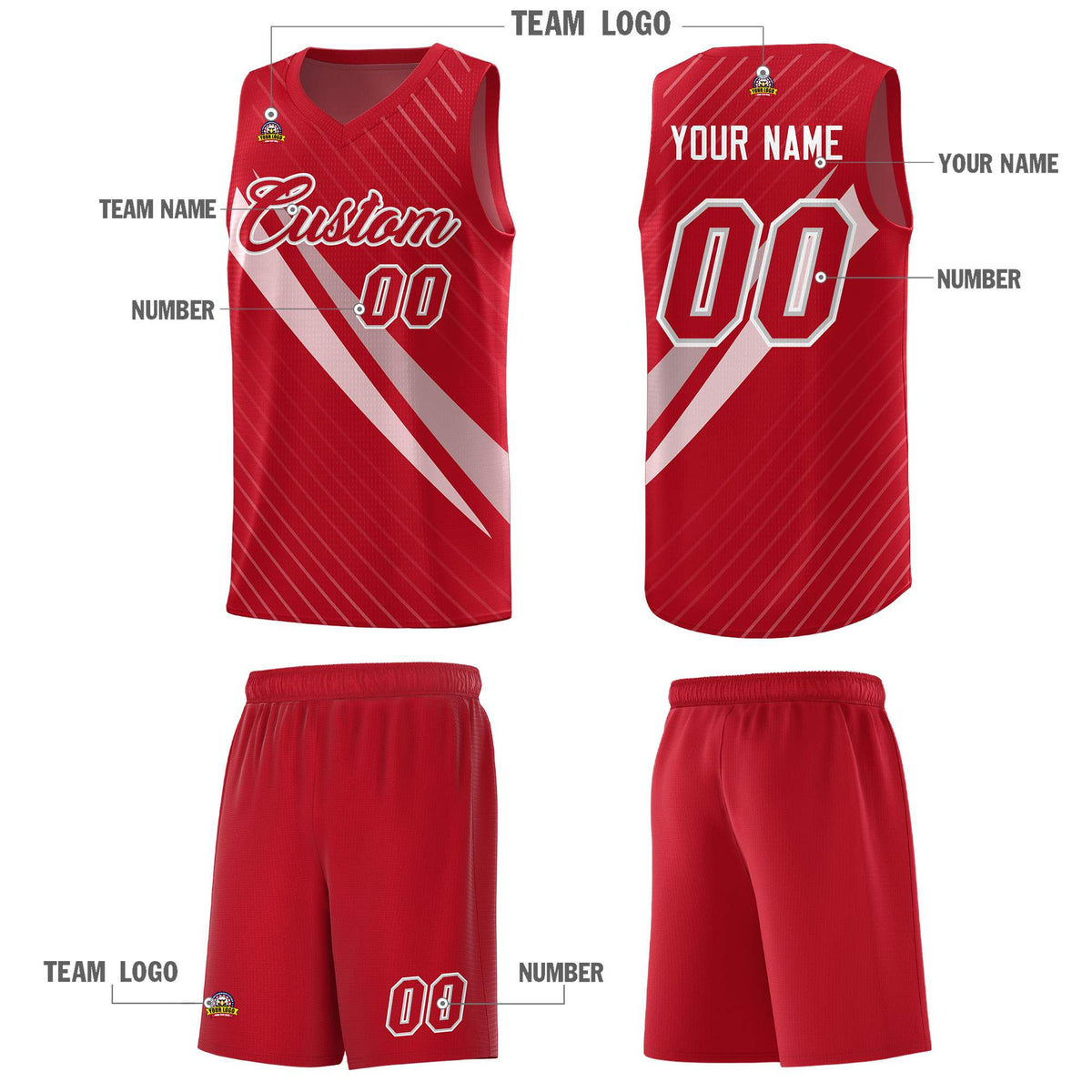 Custom Red Diagonal Pinstripe Pattern Color Block Sports Uniform Basketball Jersey