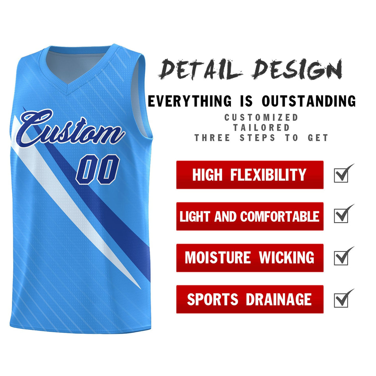 Custom Light Blue Diagonal Pinstripe Pattern Color Block Sports Uniform Basketball Jersey