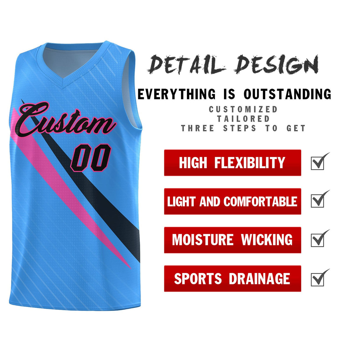 Custom Light Blue Diagonal Pinstripe Pattern Color Block Sports Uniform Basketball Jersey